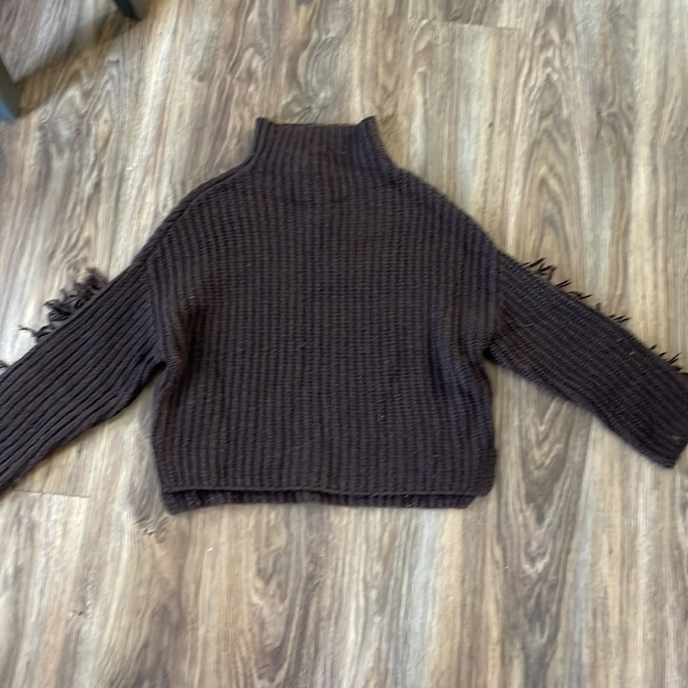 Express Cropped Brown Sweater with Fringe on Sleeves - XS